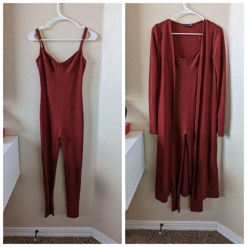 Fashion Nova All Inclusive Ribbed Jumpsuit Cardigan Set Rust Red S Small *Flaw